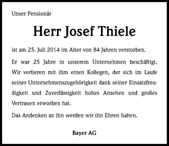 Anzeige von Josef Thiele von Kölner Stadt-Anzeiger / Kölnische Rundschau / Express