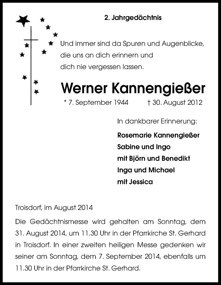  Traueranzeige für Werner Kannengießer vom 25.08.2014 aus Kölner Stadt-Anzeiger / Kölnische Rundschau / Express