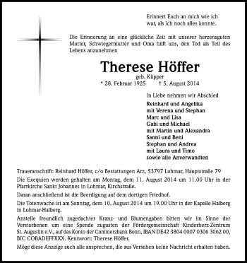 Anzeige von Therese Höffer von Kölner Stadt-Anzeiger / Kölnische Rundschau / Express