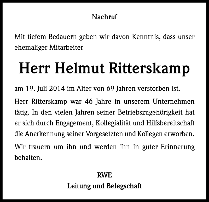  Traueranzeige für Helmut Ritterskamp vom 08.08.2014 aus Kölner Stadt-Anzeiger / Kölnische Rundschau / Express