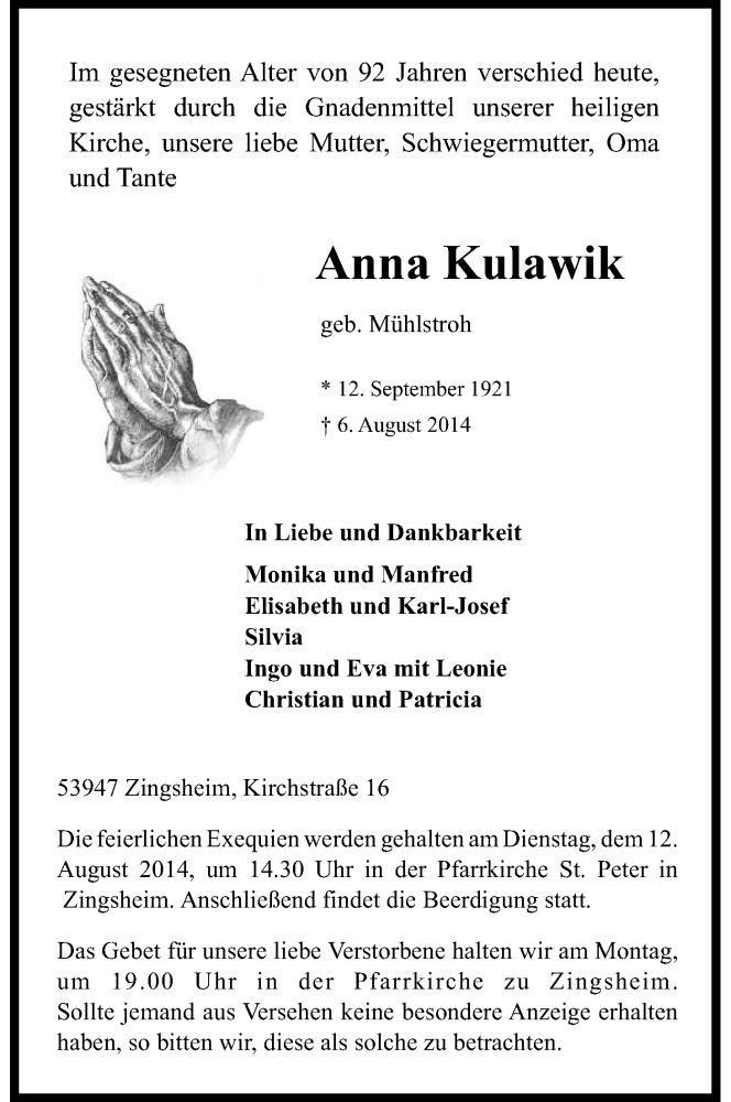  Traueranzeige für Anna Kulawik vom 08.08.2014 aus Kölner Stadt-Anzeiger / Kölnische Rundschau / Express