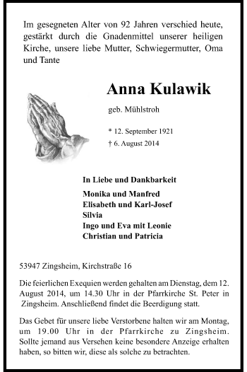 Anzeige von Anna Kulawik von Kölner Stadt-Anzeiger / Kölnische Rundschau / Express