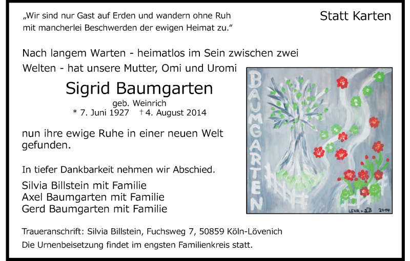  Traueranzeige für Sigrid Baumgarten vom 09.08.2014 aus Kölner Stadt-Anzeiger / Kölnische Rundschau / Express
