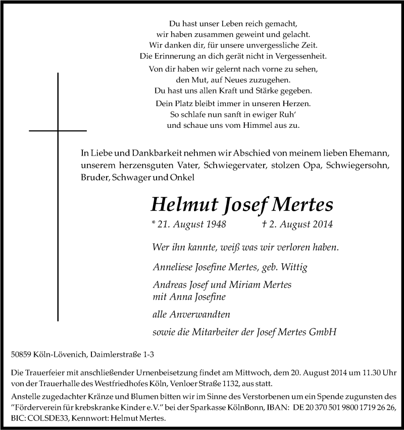  Traueranzeige für Helmut Josef Mertes vom 09.08.2014 aus Kölner Stadt-Anzeiger / Kölnische Rundschau / Express