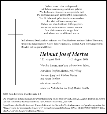 Anzeige von Helmut Josef Mertes von Kölner Stadt-Anzeiger / Kölnische Rundschau / Express