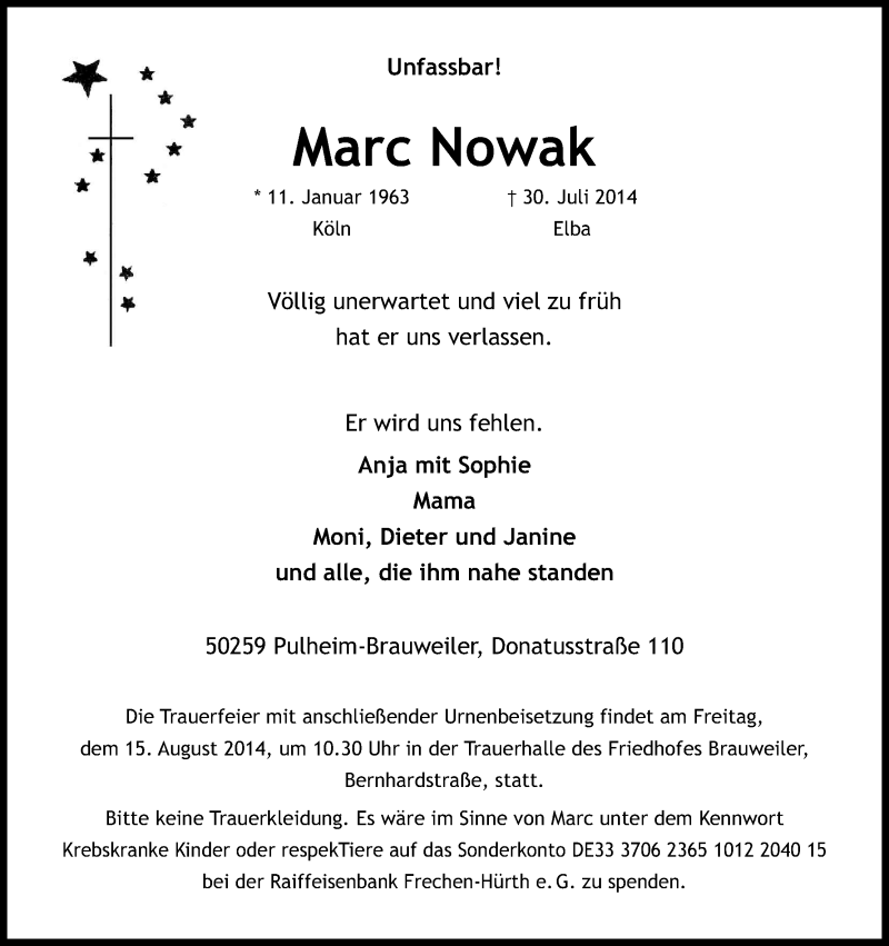  Traueranzeige für Marc Nowak vom 09.08.2014 aus Kölner Stadt-Anzeiger / Kölnische Rundschau / Express