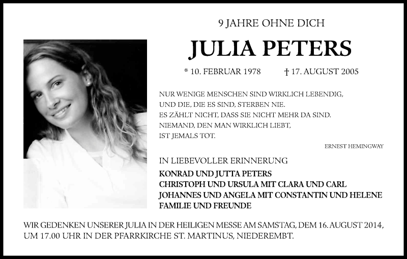  Traueranzeige für Julia Peters vom 16.08.2014 aus Kölner Stadt-Anzeiger / Kölnische Rundschau / Express