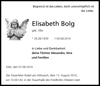 Anzeige von Elisabeth Bolg von Kölner Stadt-Anzeiger / Kölnische Rundschau / Express