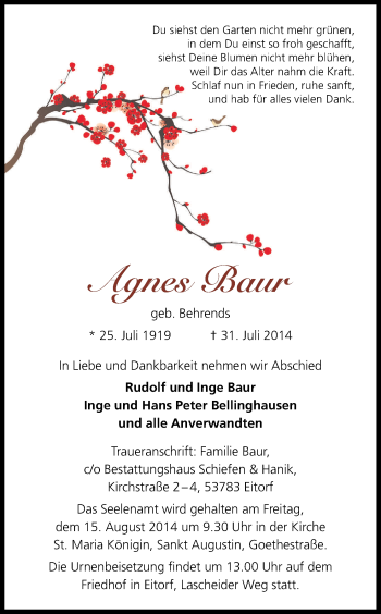 Anzeige von Agnes Bauer von Kölner Stadt-Anzeiger / Kölnische Rundschau / Express