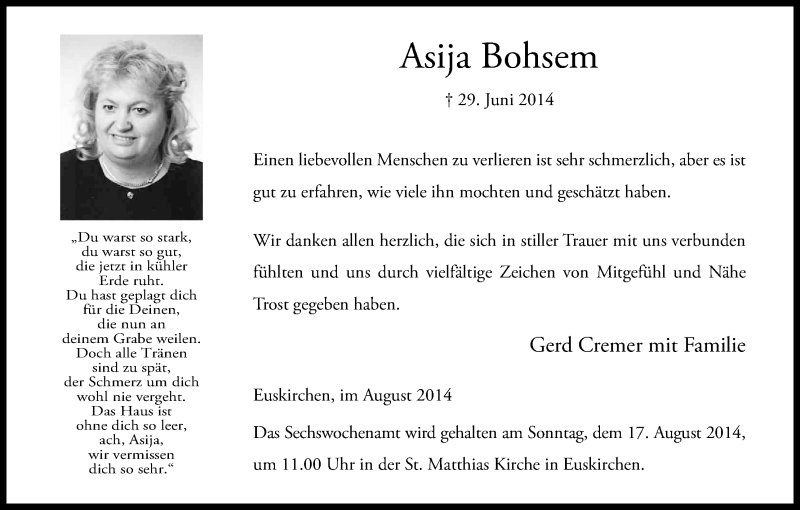  Traueranzeige für Asija Bohsem vom 09.08.2014 aus Kölner Stadt-Anzeiger / Kölnische Rundschau / Express