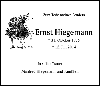 Anzeige von Ernst Hiegemann von Kölner Stadt-Anzeiger / Kölnische Rundschau / Express