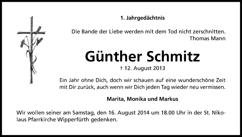  Traueranzeige für Günther Schmitz vom 12.08.2014 aus Kölner Stadt-Anzeiger / Kölnische Rundschau / Express