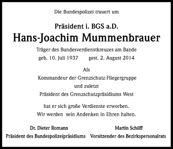 Anzeige von Hans-Joachim Mummenbrauer von Kölner Stadt-Anzeiger / Kölnische Rundschau / Express