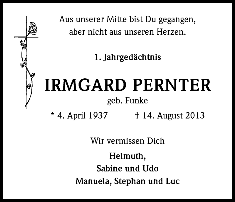  Traueranzeige für Irmgard Pernter vom 14.08.2014 aus Kölner Stadt-Anzeiger / Kölnische Rundschau / Express