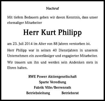 Anzeige von Kurt Philipp von Kölner Stadt-Anzeiger / Kölnische Rundschau / Express