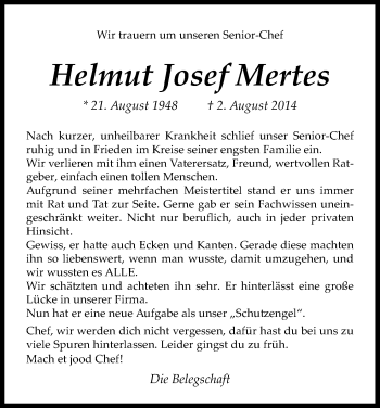 Anzeige von Helmut Josef Mertes von Kölner Stadt-Anzeiger / Kölnische Rundschau / Express