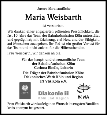 Anzeige von Maria Weisbarth von Kölner Stadt-Anzeiger / Kölnische Rundschau / Express