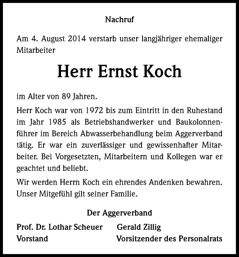  Traueranzeige für Ernst Koch vom 09.08.2014 aus Kölner Stadt-Anzeiger / Kölnische Rundschau / Express