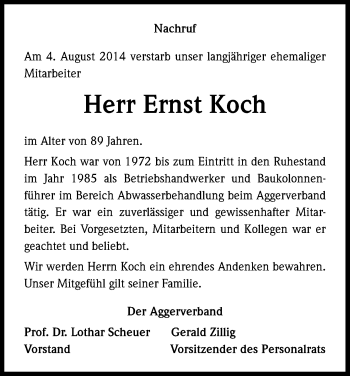 Anzeige von Ernst Koch von Kölner Stadt-Anzeiger / Kölnische Rundschau / Express