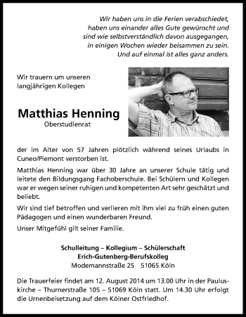 Anzeige von Matthias Henning von Kölner Stadt-Anzeiger / Kölnische Rundschau / Express