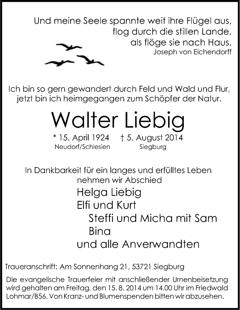  Traueranzeige für Walter Liebig vom 09.08.2014 aus Kölner Stadt-Anzeiger / Kölnische Rundschau / Express