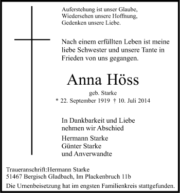 Anzeige von Anna Höss von Kölner Stadt-Anzeiger / Kölnische Rundschau / Express