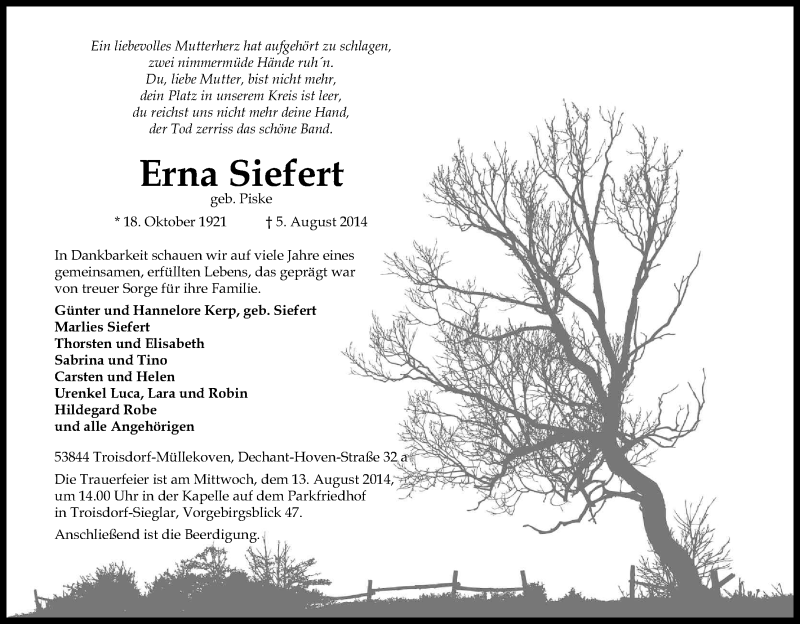  Traueranzeige für Erna Siefert vom 09.08.2014 aus Kölner Stadt-Anzeiger / Kölnische Rundschau / Express