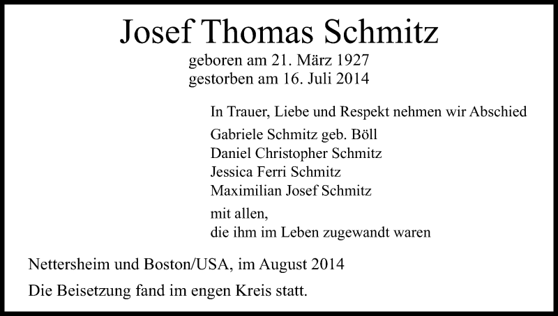  Traueranzeige für Josef Thomas Schmitz vom 16.08.2014 aus Kölner Stadt-Anzeiger / Kölnische Rundschau / Express