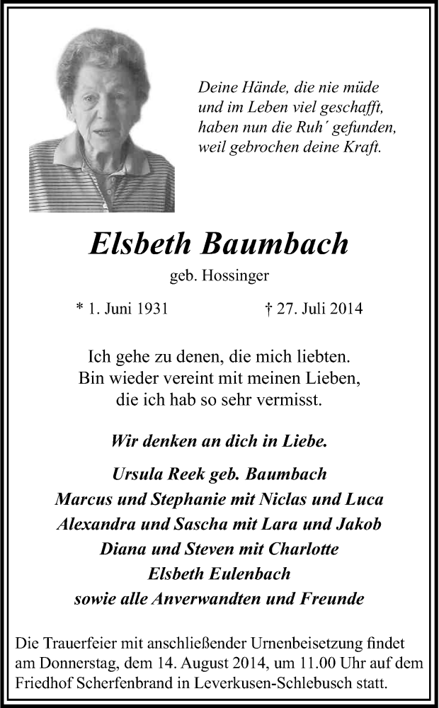  Traueranzeige für Elsbeth Baumbach vom 09.08.2014 aus Kölner Stadt-Anzeiger / Kölnische Rundschau / Express