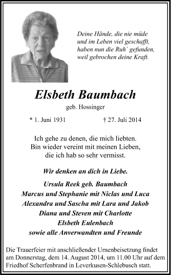 Anzeige von Elsbeth Baumbach von Kölner Stadt-Anzeiger / Kölnische Rundschau / Express