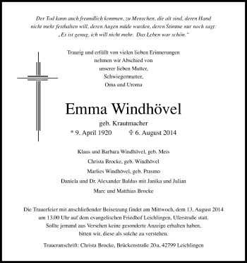 Anzeige von Emma Windhövel von Kölner Stadt-Anzeiger / Kölnische Rundschau / Express