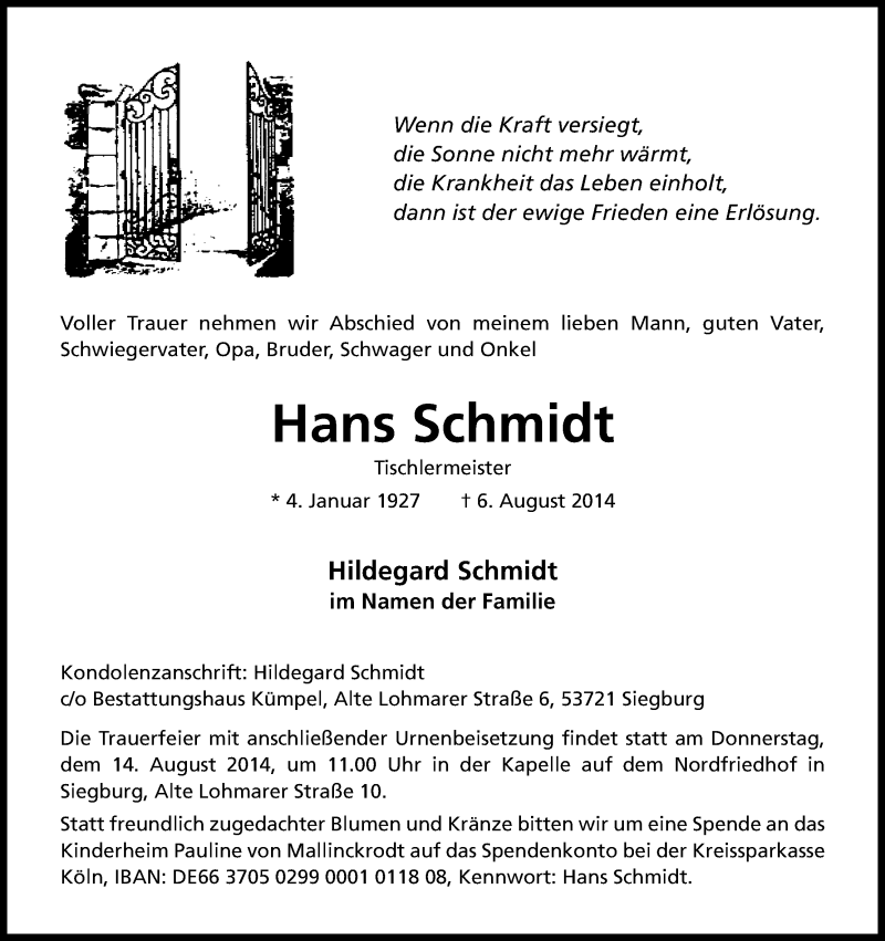  Traueranzeige für Hans Schmidt vom 09.08.2014 aus Kölner Stadt-Anzeiger / Kölnische Rundschau / Express