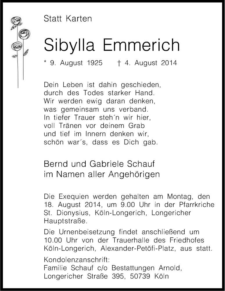  Traueranzeige für Sibylla Emmerich vom 09.08.2014 aus Kölner Stadt-Anzeiger / Kölnische Rundschau / Express
