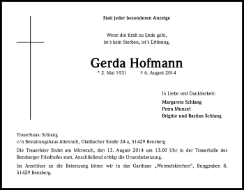 Anzeige von Gerda Hofmann von Kölner Stadt-Anzeiger / Kölnische Rundschau / Express