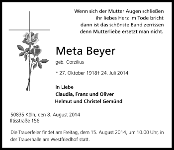 Anzeige von Meta Beyer von Kölner Stadt-Anzeiger / Kölnische Rundschau / Express