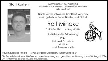 Anzeige von Rolf Mincke von Kölner Stadt-Anzeiger / Kölnische Rundschau / Express