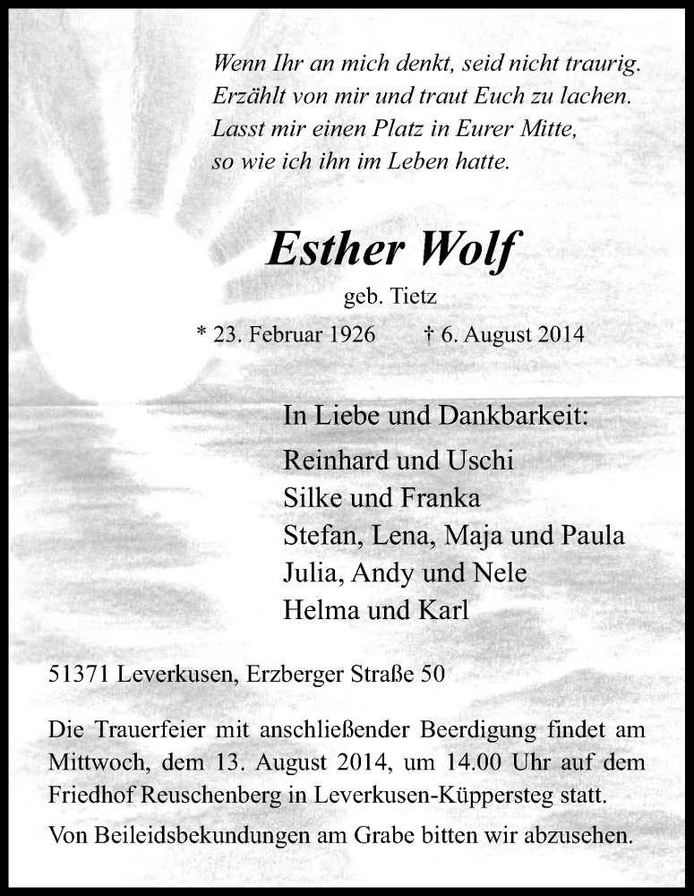  Traueranzeige für Esther Wolf vom 09.08.2014 aus Kölner Stadt-Anzeiger / Kölnische Rundschau / Express