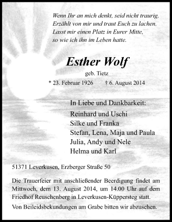 Anzeige von Esther Wolf von Kölner Stadt-Anzeiger / Kölnische Rundschau / Express