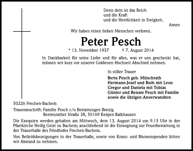  Traueranzeige für Peter Pesch vom 09.08.2014 aus Kölner Stadt-Anzeiger / Kölnische Rundschau / Express