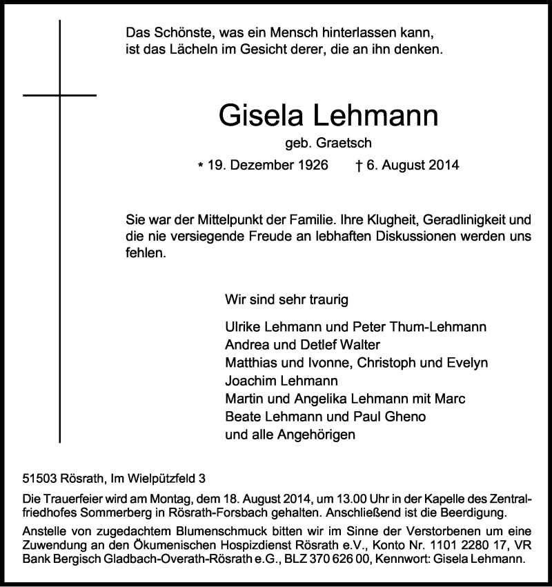  Traueranzeige für Gisela Lehmann vom 12.08.2014 aus Kölner Stadt-Anzeiger / Kölnische Rundschau / Express