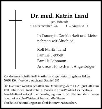 Anzeige von Katrin Land von Kölner Stadt-Anzeiger / Kölnische Rundschau / Express