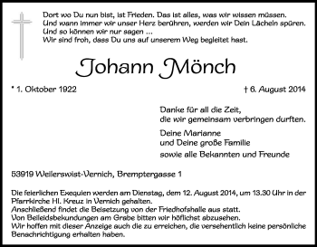 Anzeige von Johann Mönch von Kölner Stadt-Anzeiger / Kölnische Rundschau / Express
