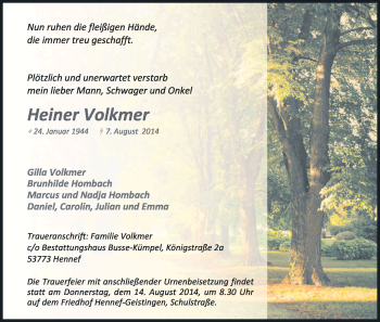 Anzeige von Heiner Volkmer von Kölner Stadt-Anzeiger / Kölnische Rundschau / Express