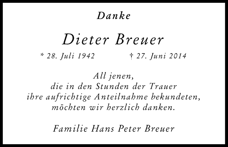  Traueranzeige für Dieter Breuer vom 09.08.2014 aus Kölner Stadt-Anzeiger / Kölnische Rundschau / Express