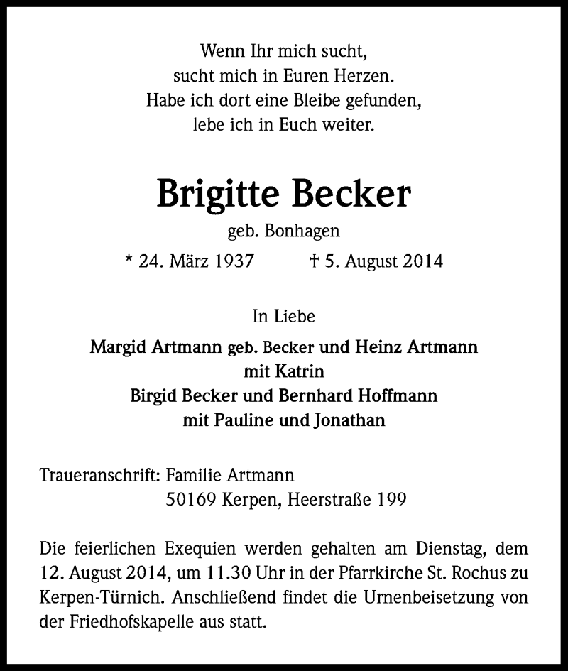  Traueranzeige für Brigitte Becker vom 09.08.2014 aus Kölner Stadt-Anzeiger / Kölnische Rundschau / Express