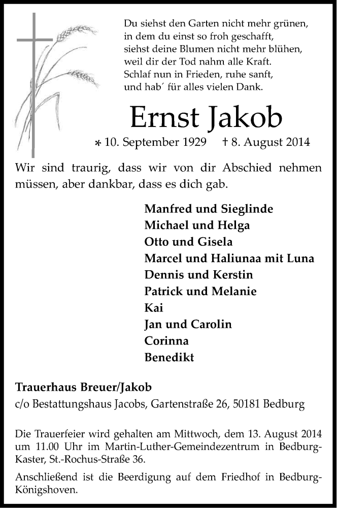  Traueranzeige für Ernst Jakob vom 09.08.2014 aus Kölner Stadt-Anzeiger / Kölnische Rundschau / Express