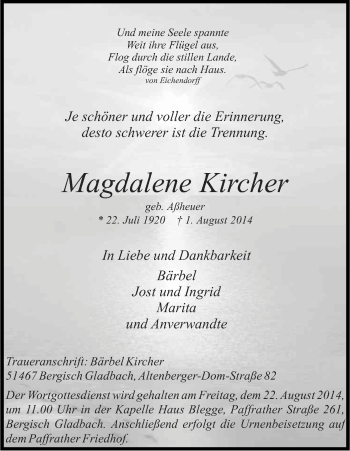 Anzeige von Magdalene Kircher von Kölner Stadt-Anzeiger / Kölnische Rundschau / Express