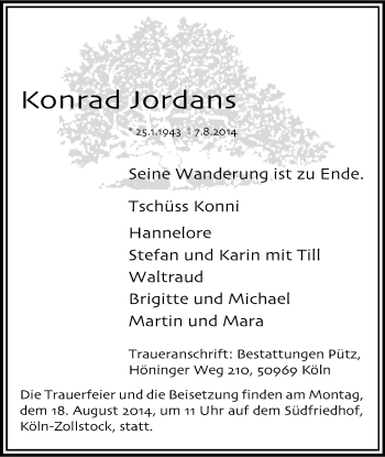 Anzeige von Konrad Jordans von Kölner Stadt-Anzeiger / Kölnische Rundschau / Express