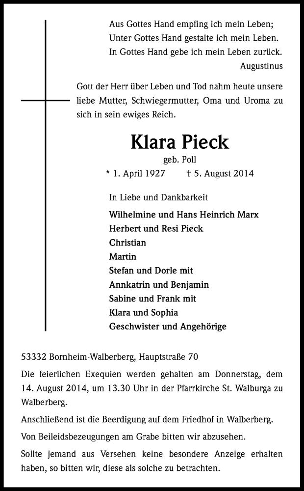  Traueranzeige für Klara Pieck vom 09.08.2014 aus Kölner Stadt-Anzeiger / Kölnische Rundschau / Express