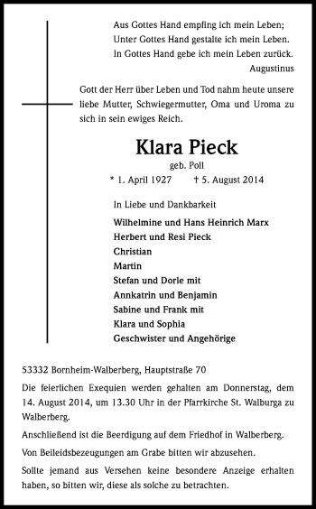 Anzeige von Klara Pieck von Kölner Stadt-Anzeiger / Kölnische Rundschau / Express